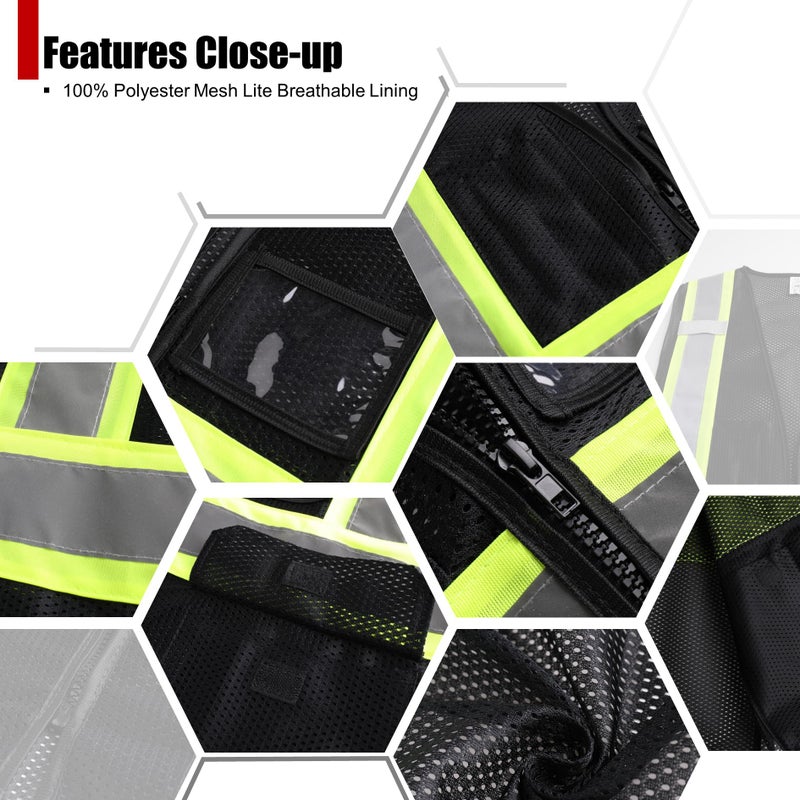 HATAUNKI Reflective Safety Vest for Men Women with Multi-Function Pockets and Front Zipper High Visibility Mesh Vest,Meets ANSI/ISEA Standards(Black-33,Large) - Image 4